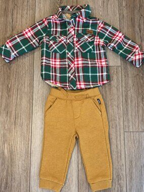 NWOT Eddie Bauer Plaid Sherpa Lined Jacket and Mustard Pants Set 12M
